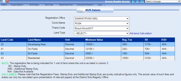 MVR Circle Rate Samastipur