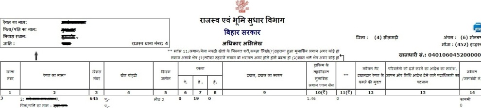 सीतामढ़ी भूलेख जमाबंदी खसरा खतौनी नकल