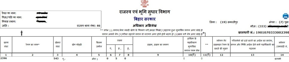 समस्तीपुर भूलेख जमाबंदी खसरा खतौनी नकल